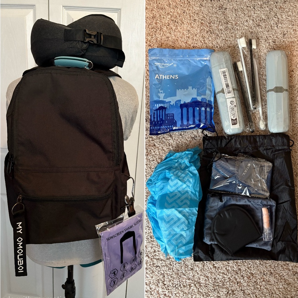 OMOUBOI Laptop Backpack Travel Set - neck pillows, eye masks, earplugs, toothbru